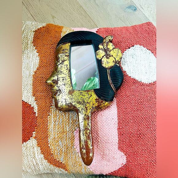 Vintage Wooden Hand Mirror Bali Handmade Gold Black Home Decor Vanity - Picture 1 of 6